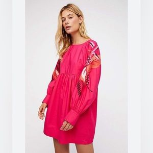 Free People Mini Obsessions embroidered mutton sleeve dress fuchsia / pink